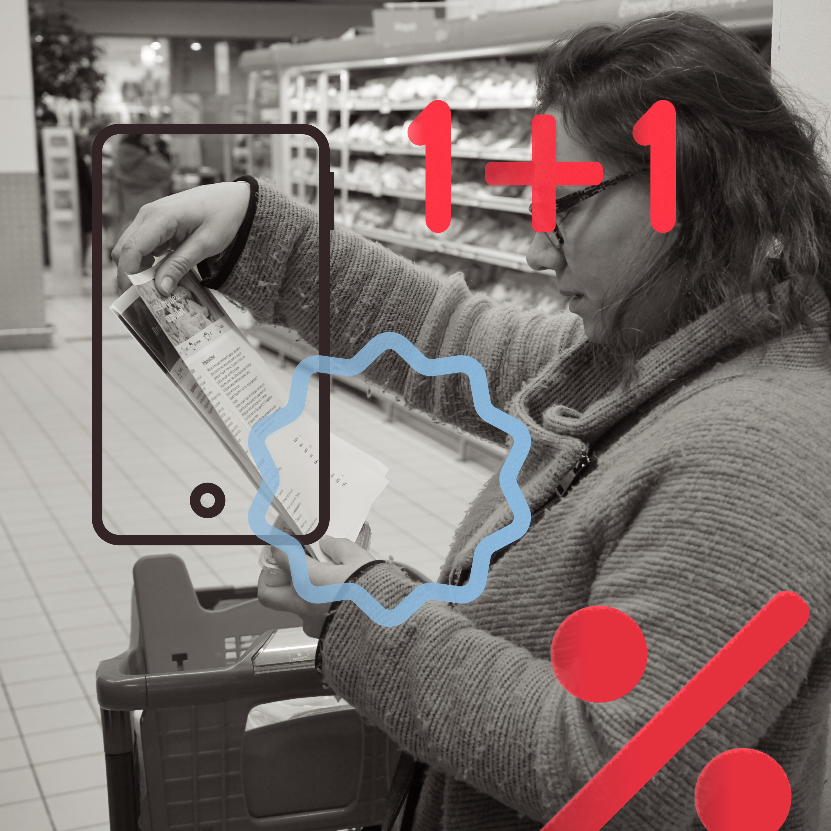 Woman standing in a supermarket looking at a grocery list with illustrations of a smartphone and discounts